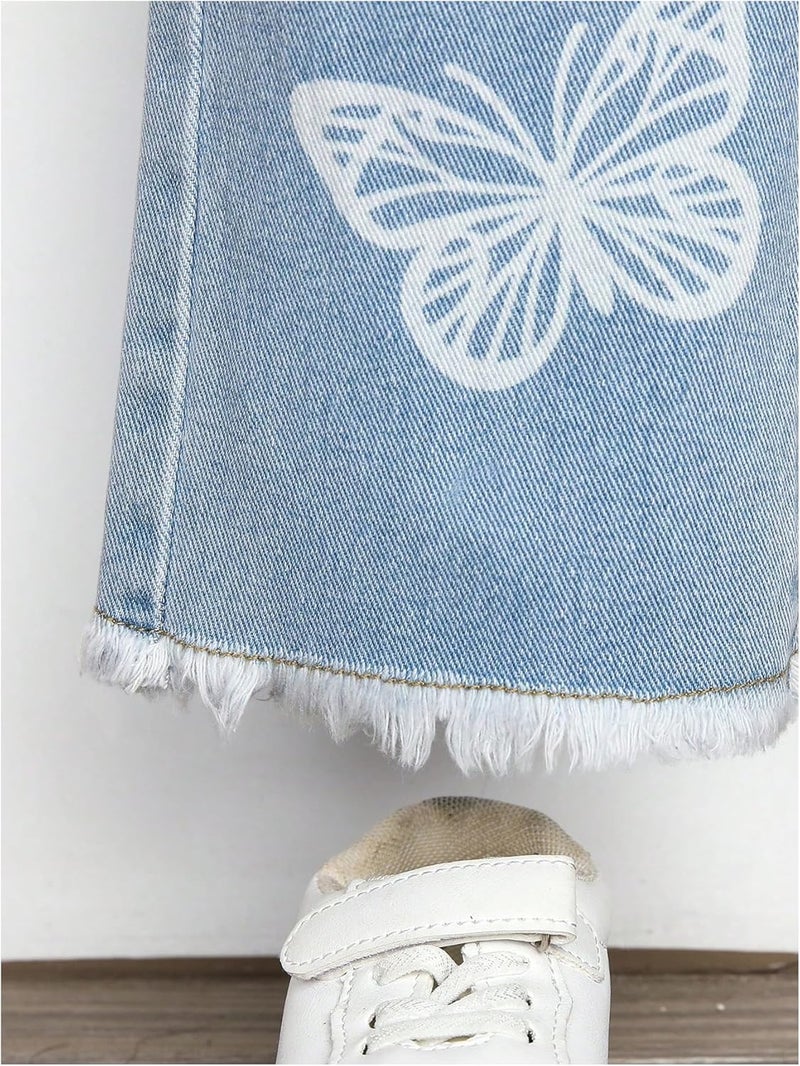 WDIRARA Girls' Butterfly Print Jeans Baggy Denim Pants Elastic Waist Raw Hem Trousers - Image 3